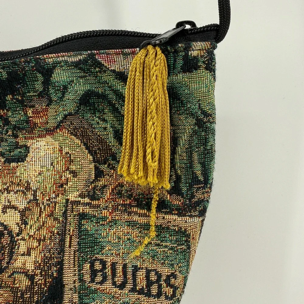 Small Vintage Tapestry Purse Floral Design with Shoulder Strap yellow tassel‎